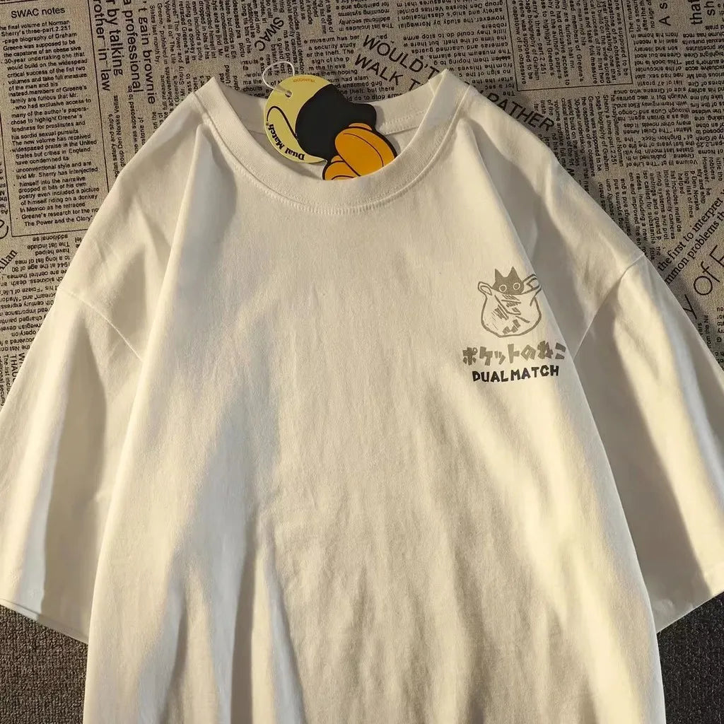 Pocket Cat Cartoon Tee – Japanese College Style, Unisex Fit