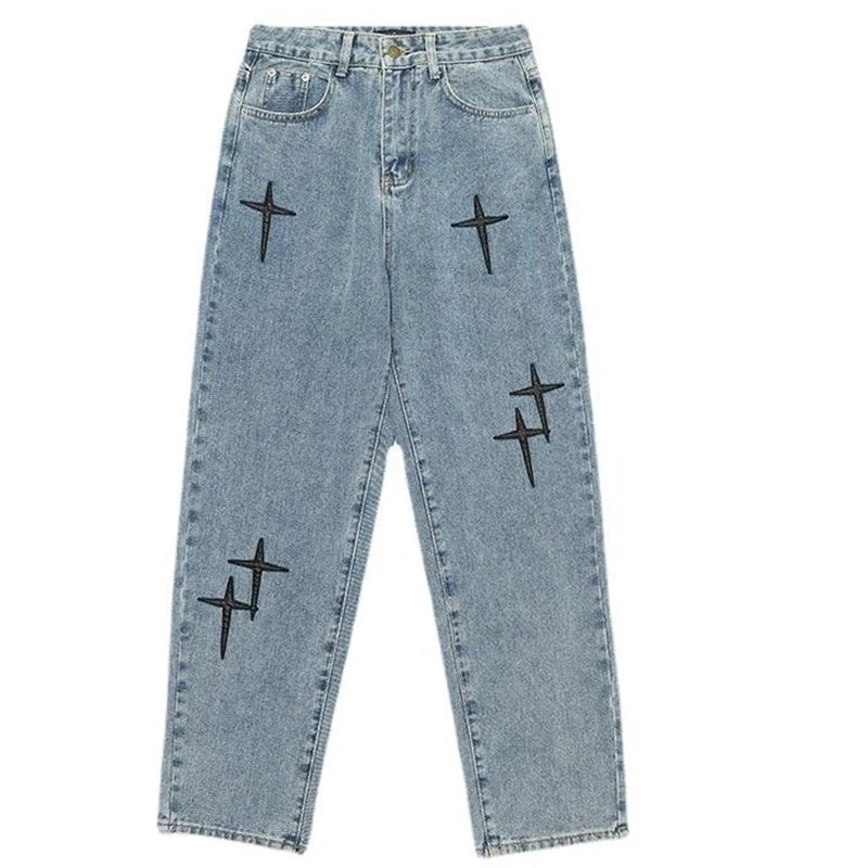 Men’s Casual Straight Jeans – Star Print Design