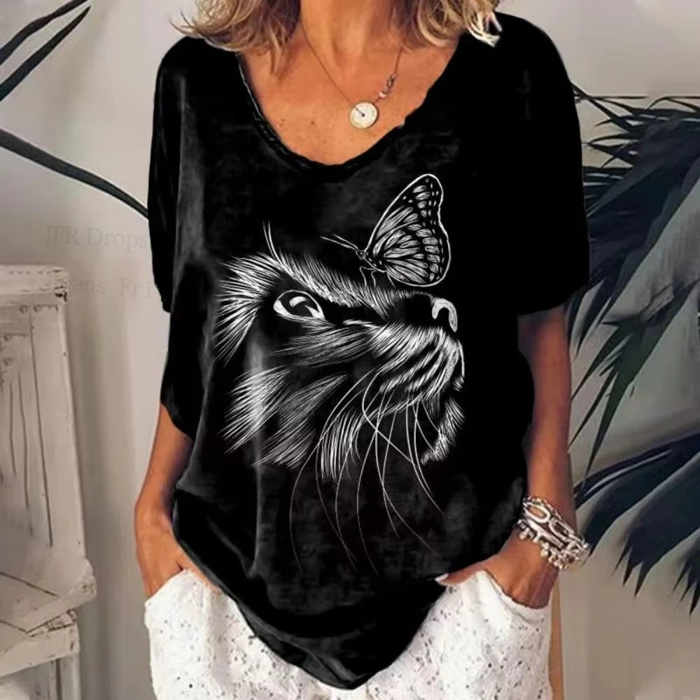 Retro Anime Cat Tee – Women’s Oversized V-Neck