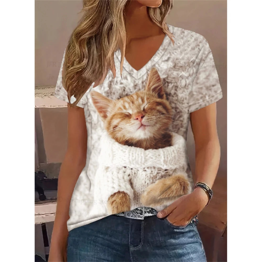 Retro Anime Cat Tee – Women’s Oversized V-Neck