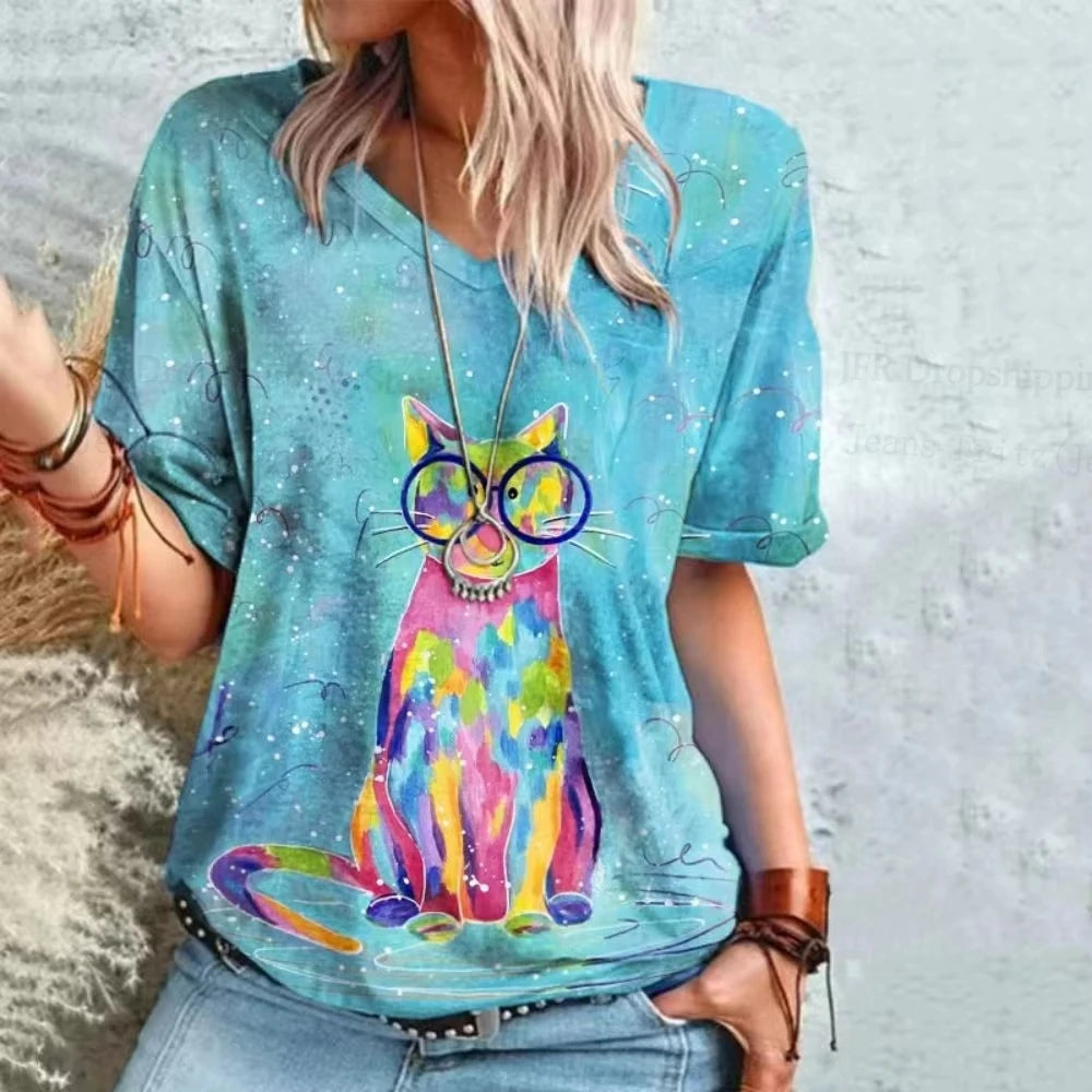 Retro Anime Cat Tee – Women’s Oversized V-Neck