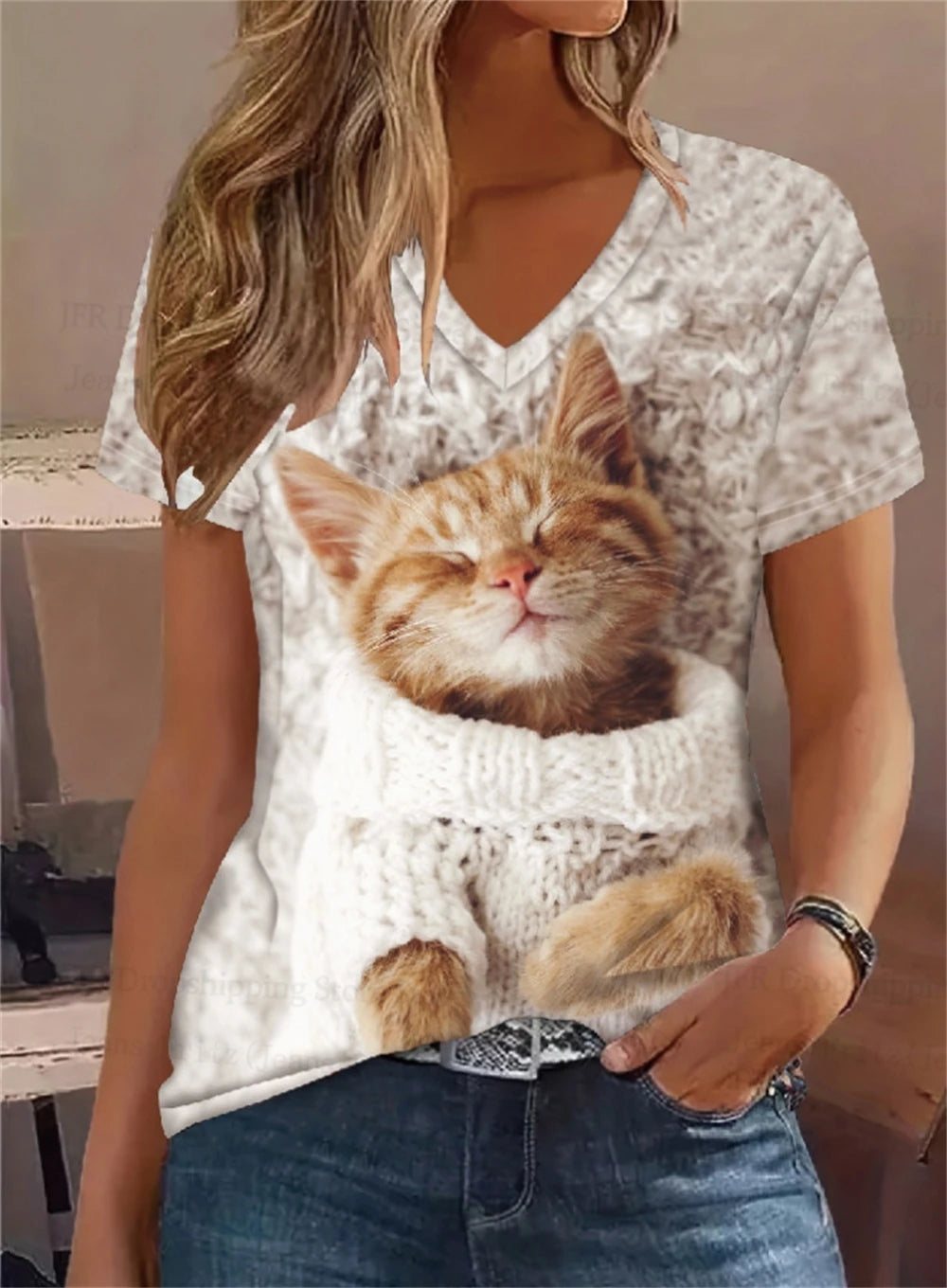 Retro Anime Cat Tee – Women’s Oversized V-Neck