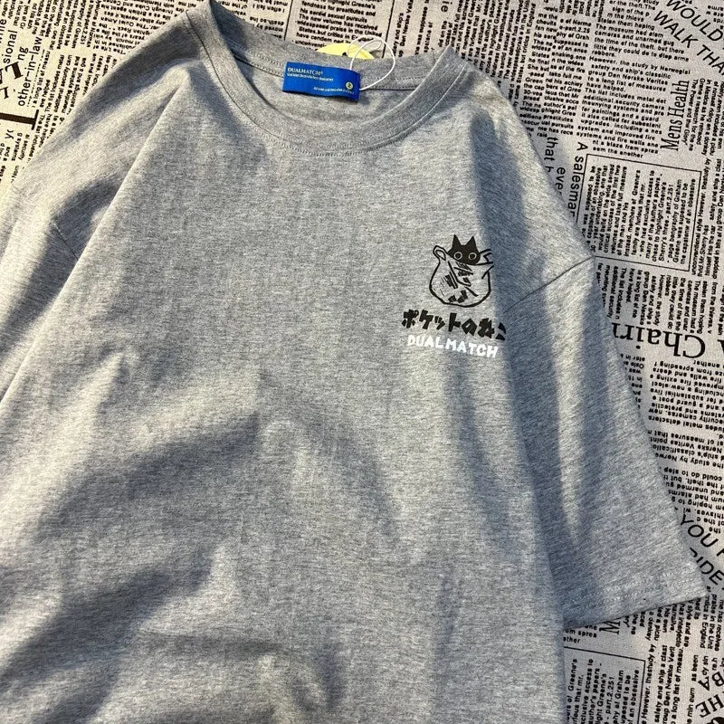 Pocket Cat Cartoon Tee – Japanese College Style, Unisex Fit