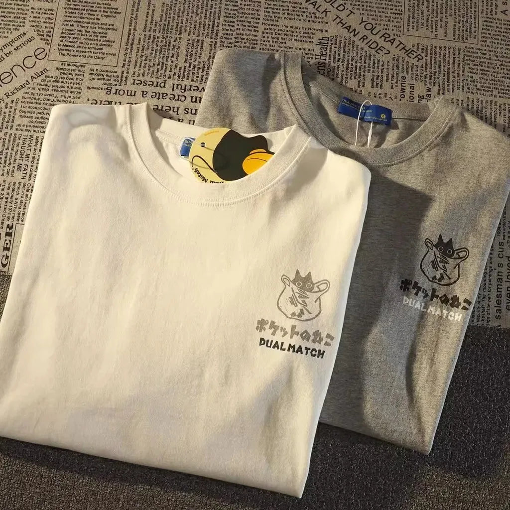 Pocket Cat Cartoon Tee – Japanese College Style, Unisex Fit