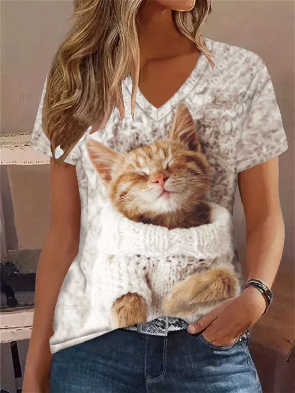 Retro Anime Cat Tee – Women’s Oversized V-Neck