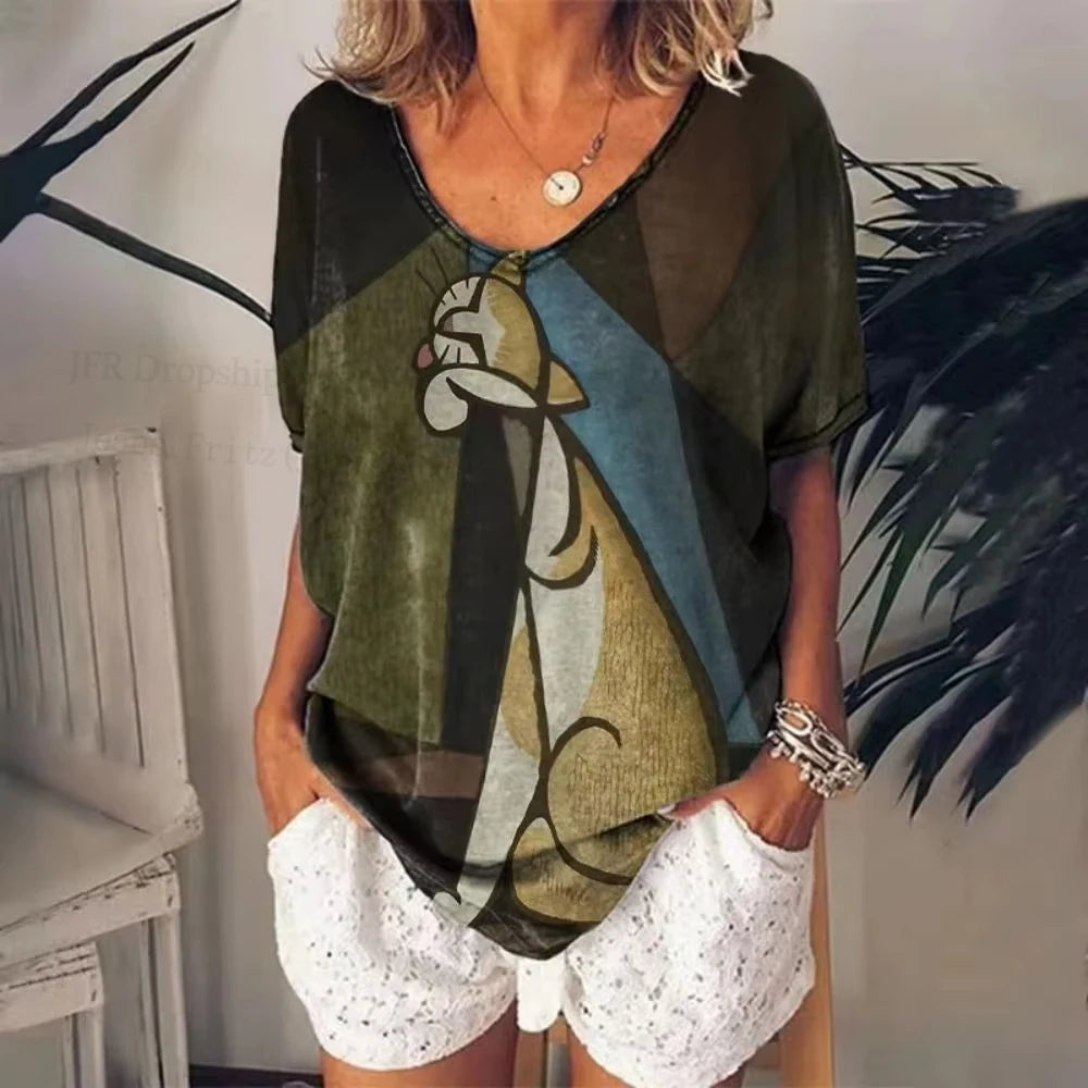 Retro Anime Cat Tee – Women’s Oversized V-Neck