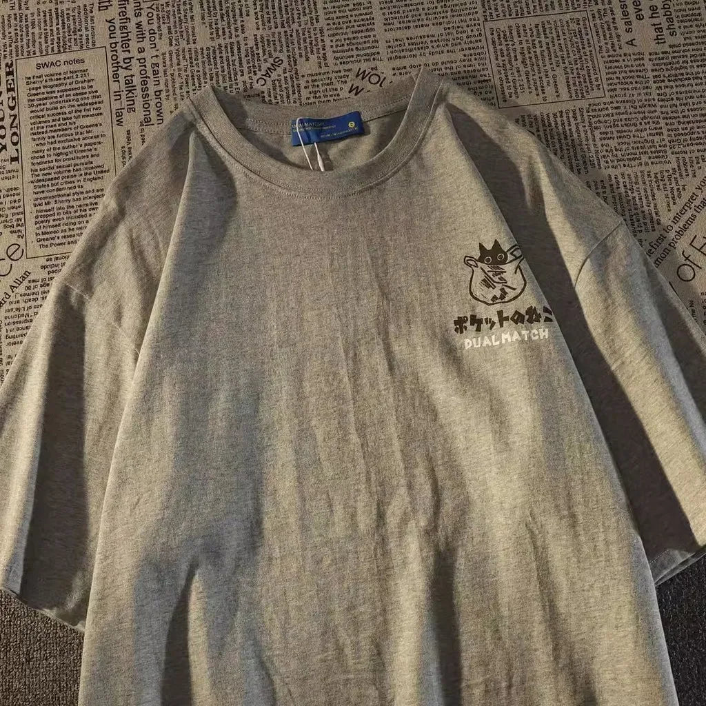 Pocket Cat Cartoon Tee – Japanese College Style, Unisex Fit