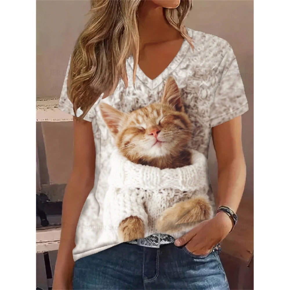 Retro Anime Cat Tee – Women’s Oversized V-Neck